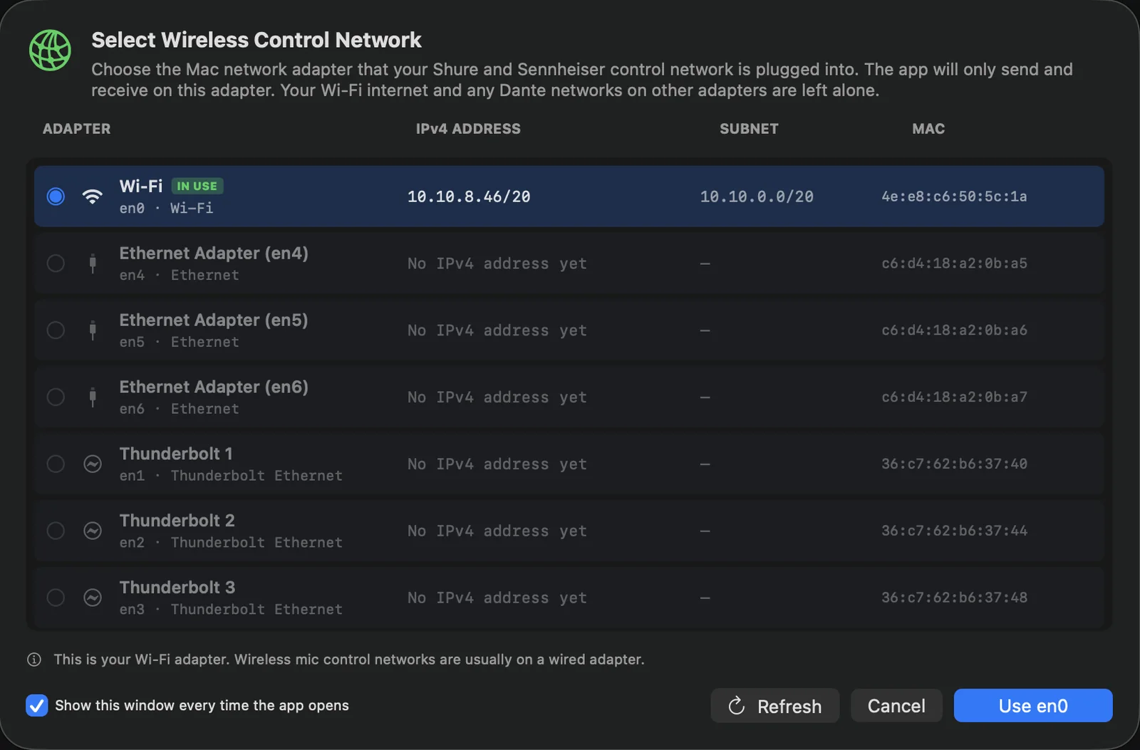 OmniRF Select Wireless Control Network window listing the Mac’s network adapters