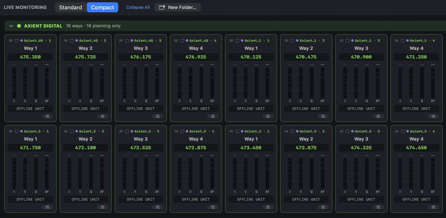 OmniRF Live Monitoring grid of channel tiles with frequencies and meters